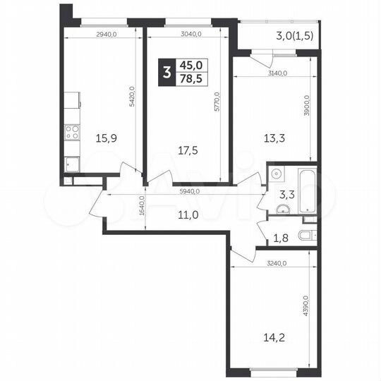 3-к. квартира, 78,4 м², 2/11 эт.