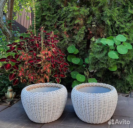 Белое кашпо из ротанга