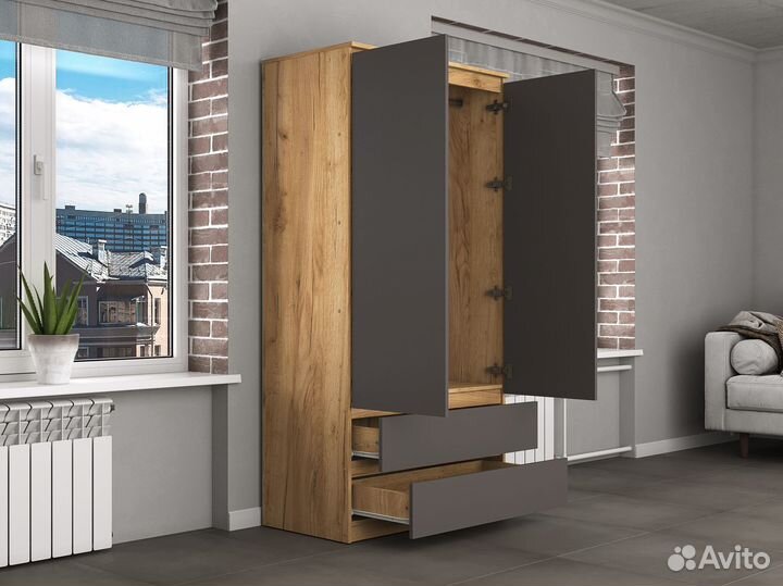 Распашной Шкаф с 2 дверями, 2 ящиками, полками Хит