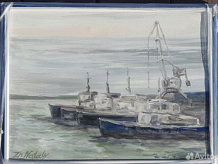 Порт, буксиры у причала Картина маслом ZhNataly