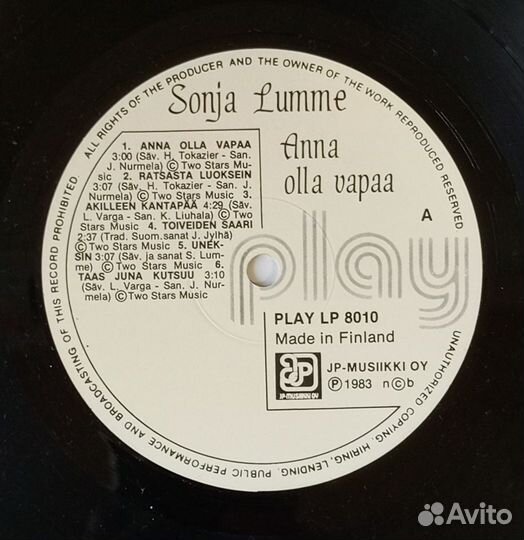 LP Sonja Lumme–Anna Olla Vapaa / 1983