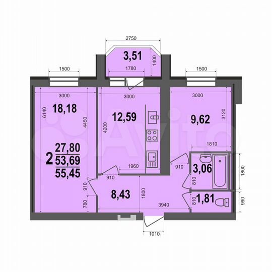 2-к. квартира, 55,5 м², 1/5 эт.