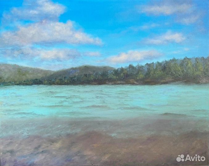 Картина маслом пейзаж на холсте 50х40см Горная рек