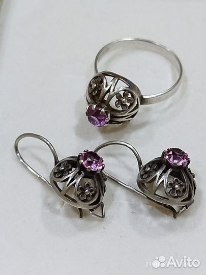 Серебро СССР 875 проба серьги, кольцо