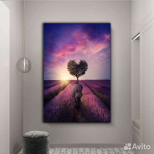Картина маслом Слоны на лавандовом поле