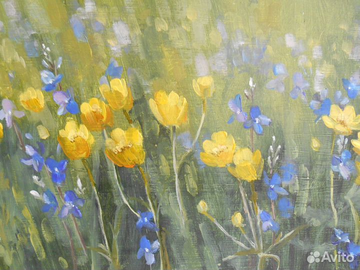 Картина маслом пейзаж с цветами. 15*30 см