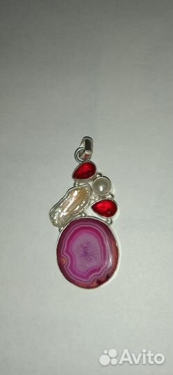 Кулон кварц жемчуг гранат серебро 6 см
