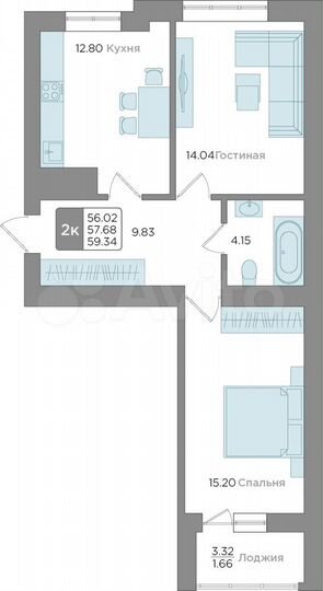 2-к. квартира, 57,7 м², 6/9 эт.