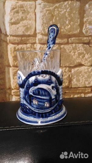 Гжель подстаканник, хрустальный стакан и ложечка