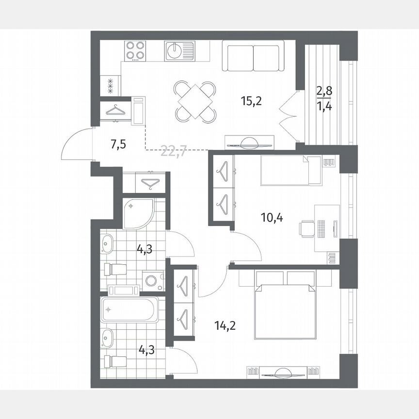 2-к. квартира, 57,3 м², 3/12 эт.