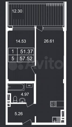 1-к. апартаменты, 57,5 м², 2/8 эт.