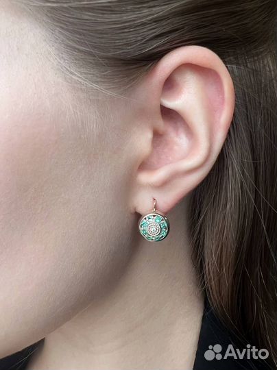 Золотые серьги с бриллиантами, изумруд 585 / 7.09