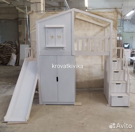 Эко кровать детская - чердак домик с горкой