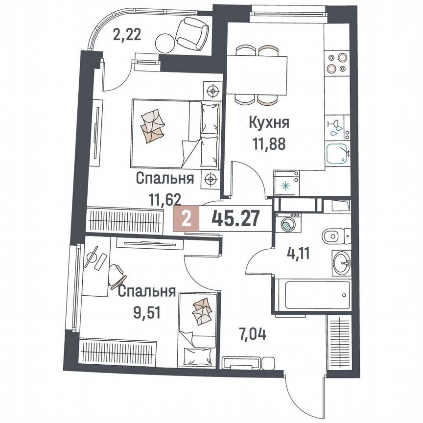 2-к. квартира, 45,3 м², 17/18 эт.