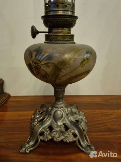 Керосиновая лампа,дутое стекло+ бронза,19век