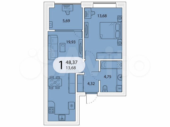 1-к. квартира, 48,4 м², 3/5 эт.