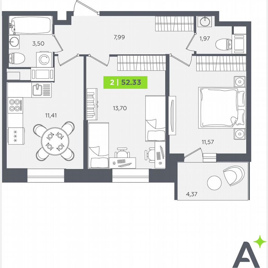 2-к. квартира, 52,3 м², 12/12 эт.