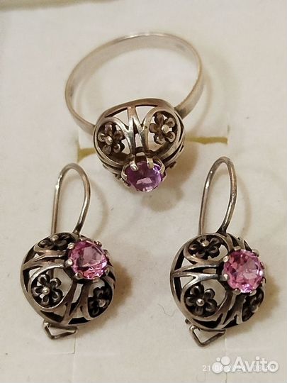 Серебро СССР 875 проба серьги, кольцо