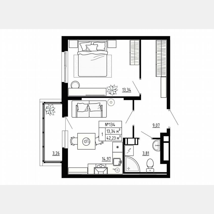 1-к. квартира, 42,2 м², 4/4 эт.