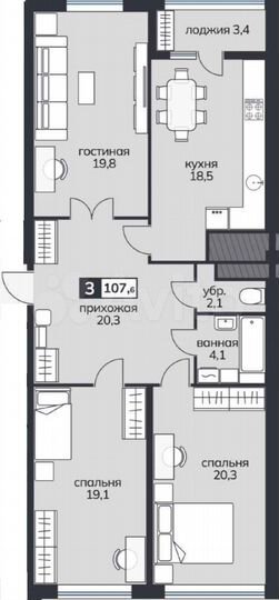 3-к. квартира, 107,6 м², 13/15 эт.