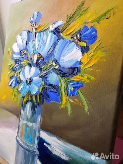 Картина букет голубые цветы холст масло