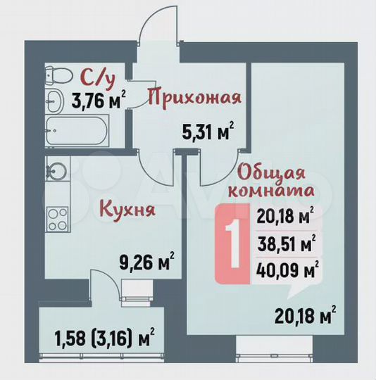 1-к. квартира, 40,1 м², 8/12 эт.