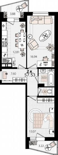 2-к. квартира, 57,5 м², 8/12 эт.