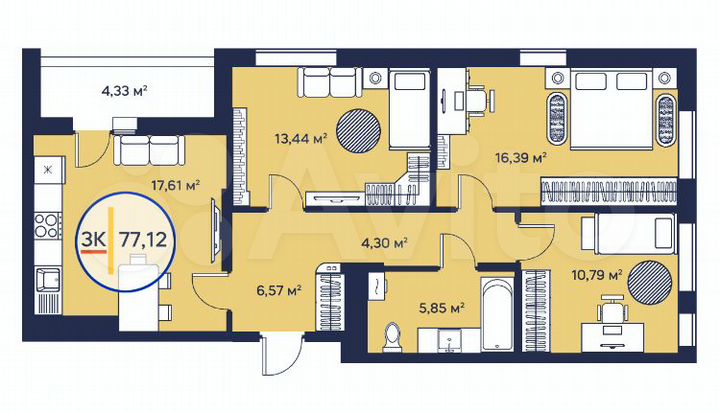 3-к. квартира, 77,1 м², 12/23 эт.