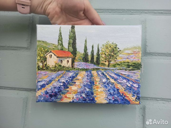 Пейзаж маслом с лавандой картина Прованс цветы дом