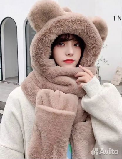 Шапка с ушами мишка пушистая