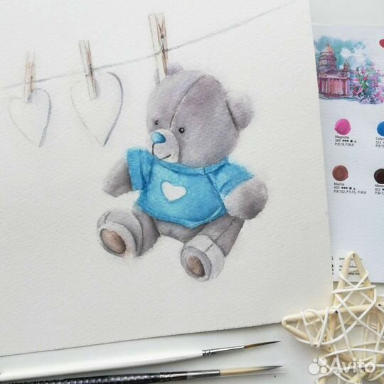 Мишка Тедди акварельная иллюстрация (рисунок)