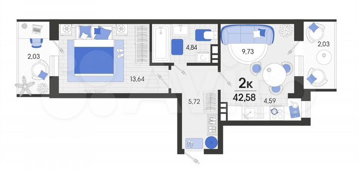2-к. квартира, 42,6 м², 2/7 эт.
