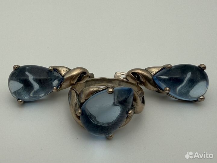 Серьги/кольцо серебро 925 топаз кабошон капля