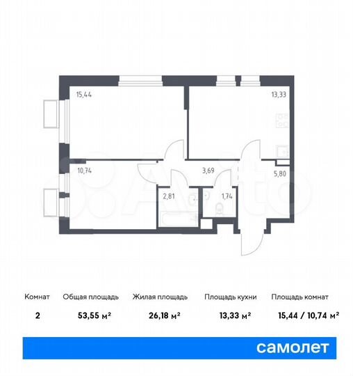 2-к. квартира, 53,6 м², 8/17 эт.