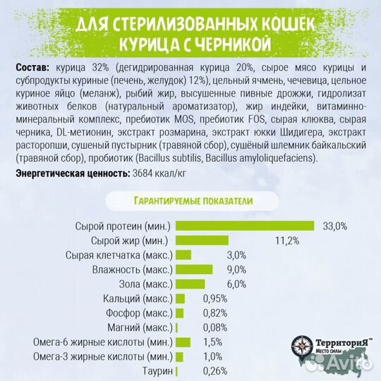Сухой корм Территория из Курицы для стерилизованны