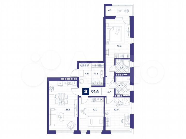 3-к. квартира, 91,6 м², 6/25 эт.