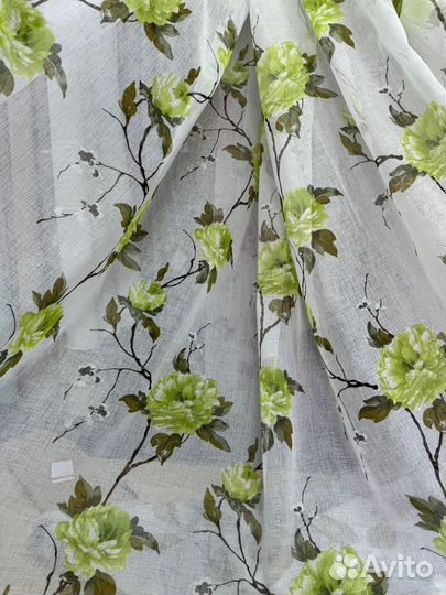 Тюль лен плотный с цветами. Новый
