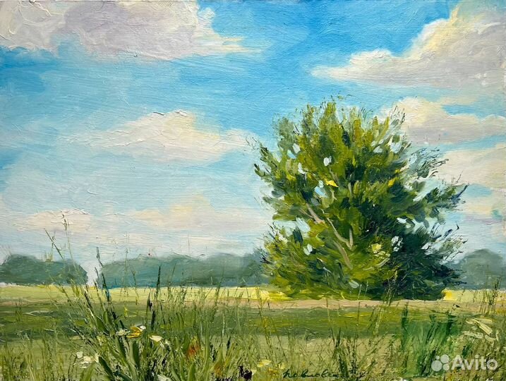 Картина маслом летний пейзаж небо облака дерево