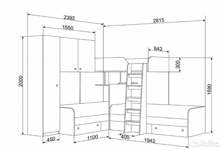 Кровать детская для троих детей со шкафом Сонома/О