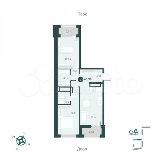 2-к. квартира, 63,4 м², 10/14 эт.