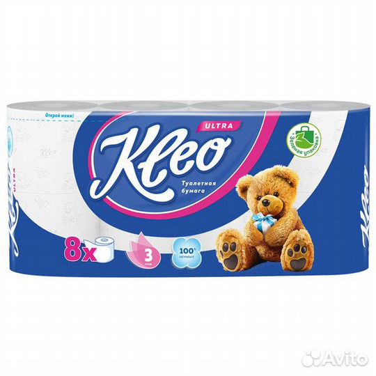 Бумага туалетная kleo Ultra 8 шт./уп. 3-сл, 168 листов, без аромата