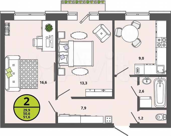 2-к. квартира, 50,6 м², 2/3 эт.