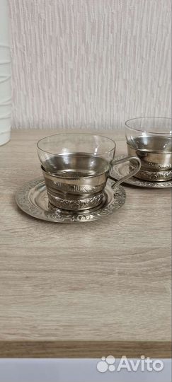 Чайный мельхиоровый набор СССР с блюдцами