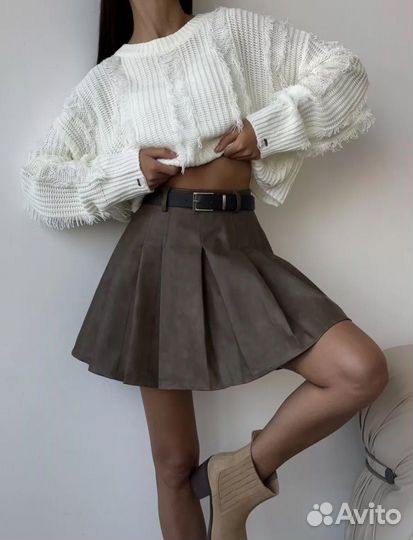 Коричневая кожаная юбка-шорты размер 42-44