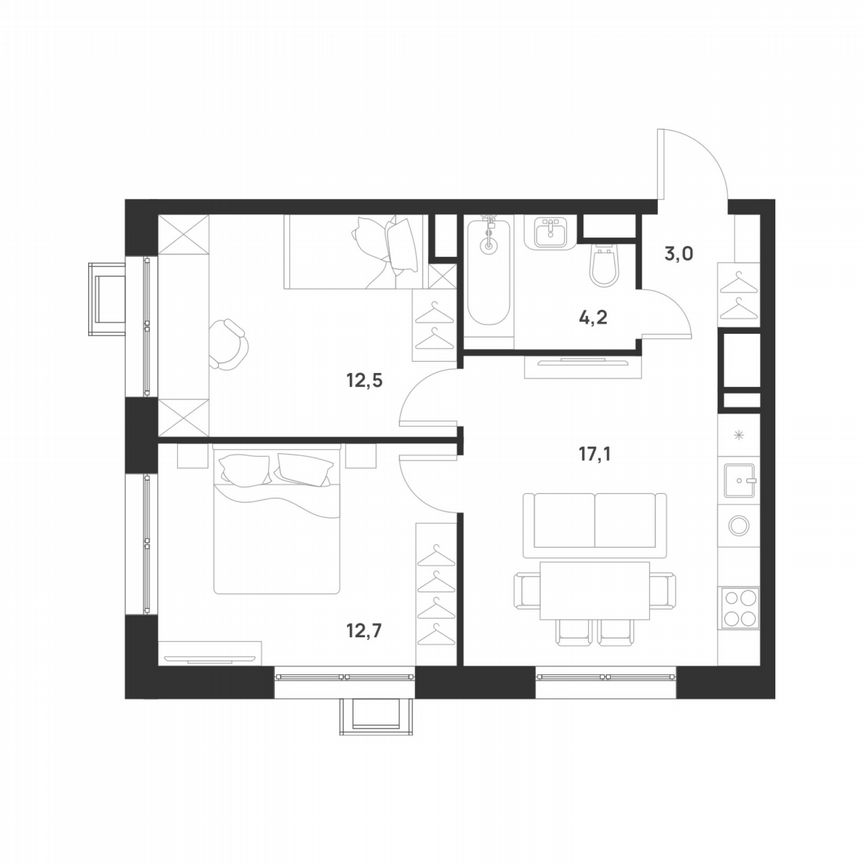 2-к. квартира, 49,5 м², 10/17 эт.
