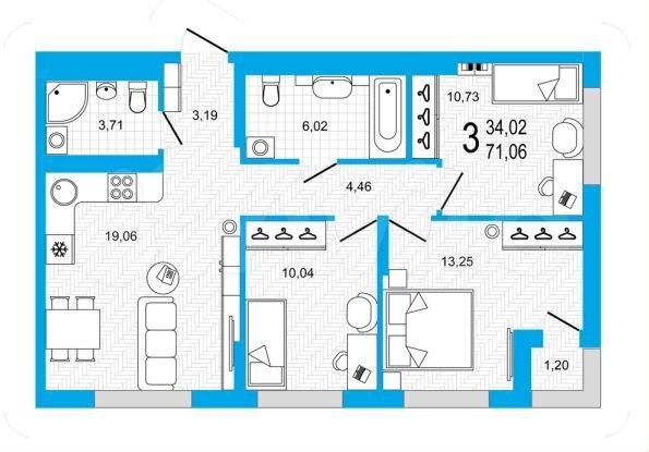 3-к. квартира, 71,1 м², 11/23 эт.