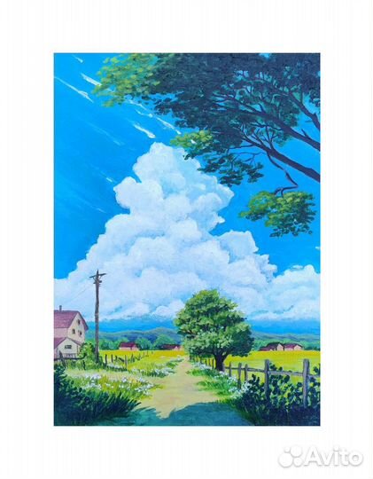 Пейзаж,лето в деревне, картина акрилом на холсте