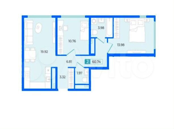 2-к. квартира, 60,7 м², 9/21 эт.
