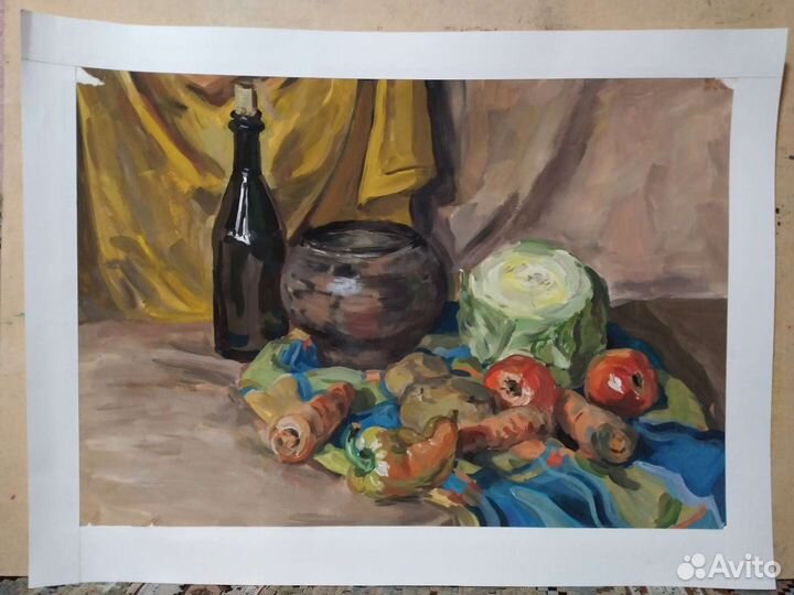 Картина гуашью на бумаге, натюрморт 65х49