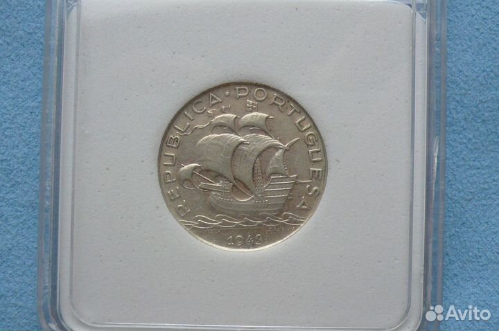 Португалия 5 эскудо 1943 г. серебро MS-60 слаб NNC